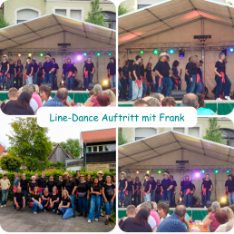 Die Line-Dance-Gruppe der Offenen Ganztagsschule Bad Rodach steht gemeinsam mit Frank auf der Bühne beim Marktfest und tanzt vor zahlreichem Publikum.