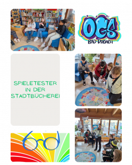 Kinder der OGS sitzen in der Stadtbücherei Bad Rodach zusammen und testen Brett- und Kartenspiele in kleinen Gruppen.