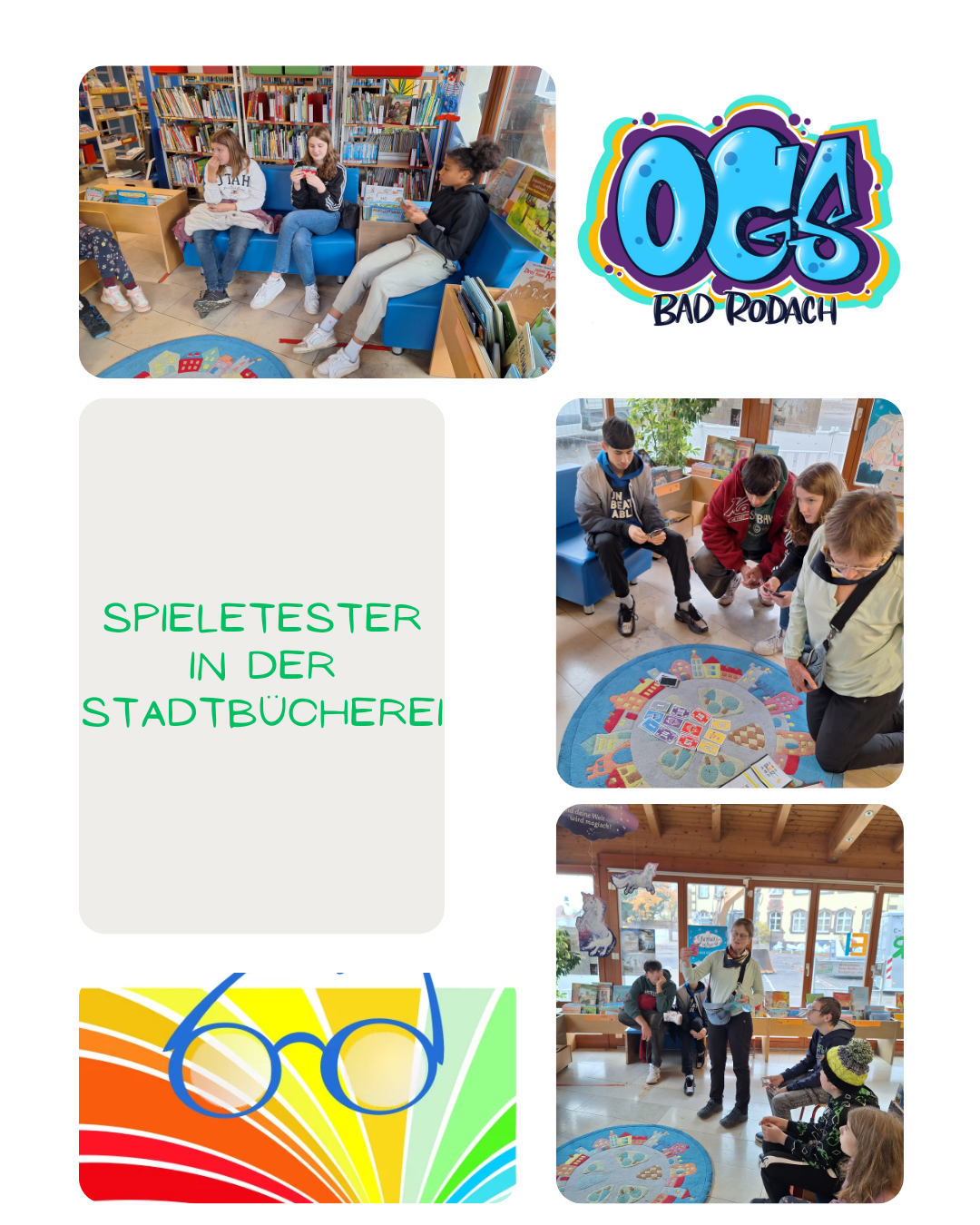 Kinder der OGS sitzen in der Stadtb&uuml;cherei Bad Rodach zusammen und testen Brett- und Kartenspiele in kleinen Gruppen.
