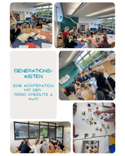 Kinder und Jugendliche arbeiten in Gruppen an Tischen und stellen Materialien für Generationskisten zusammen.