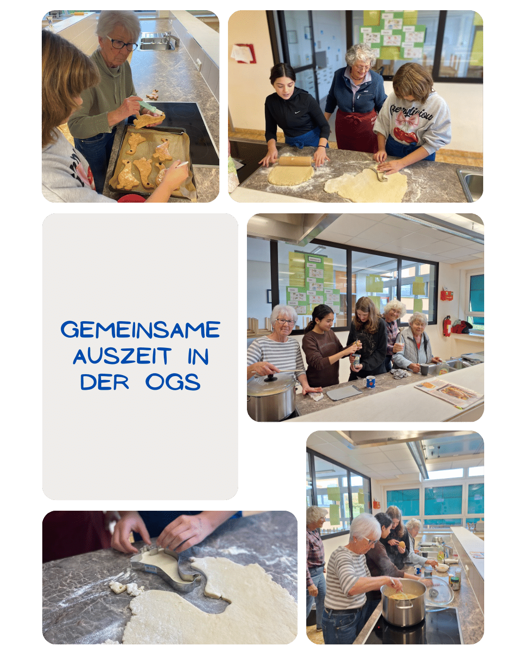 Kinder und ältere Menschen backen gemeinsam Martinsgänse aus Teig und kochen Kürbissuppe in einer Schulküche.