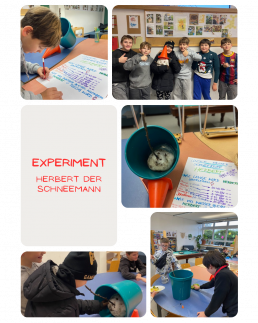 Kinder untersuchen in einem Experiment einen kleinen Schneemann in einem Eimer und notieren ihre Beobachtungen.