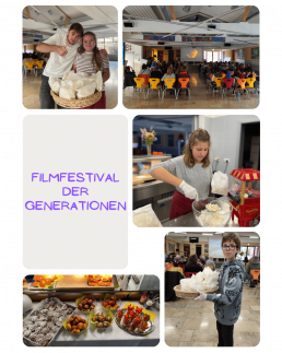 Collage zum Filmfestival der Generationen: Kinder und Jugendliche der OGS bereiten Popcorn und Snacks zu, verteilen Verpflegung an Gäste und unterstützen eine Filmvorführung mit vielen Besuchern im Saal.