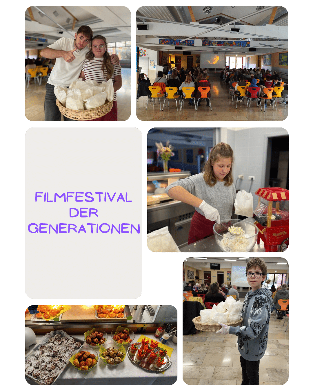 Collage zum Filmfestival der Generationen: Kinder und Jugendliche der OGS bereiten Popcorn und Snacks zu, verteilen Verpflegung an G&auml;ste und unterst&uuml;tzen eine Filmvorf&uuml;hrung mit vielen Besuchern im Saal.