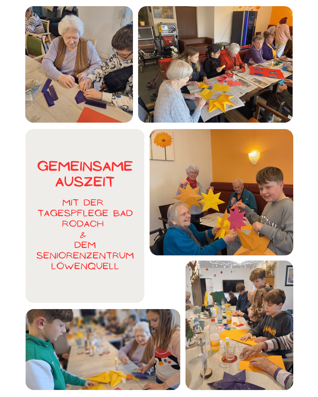 Kinder, Jugendliche und &auml;ltere Menschen sitzen zusammen an einem Tisch und basteln bunte Papiersterne.
