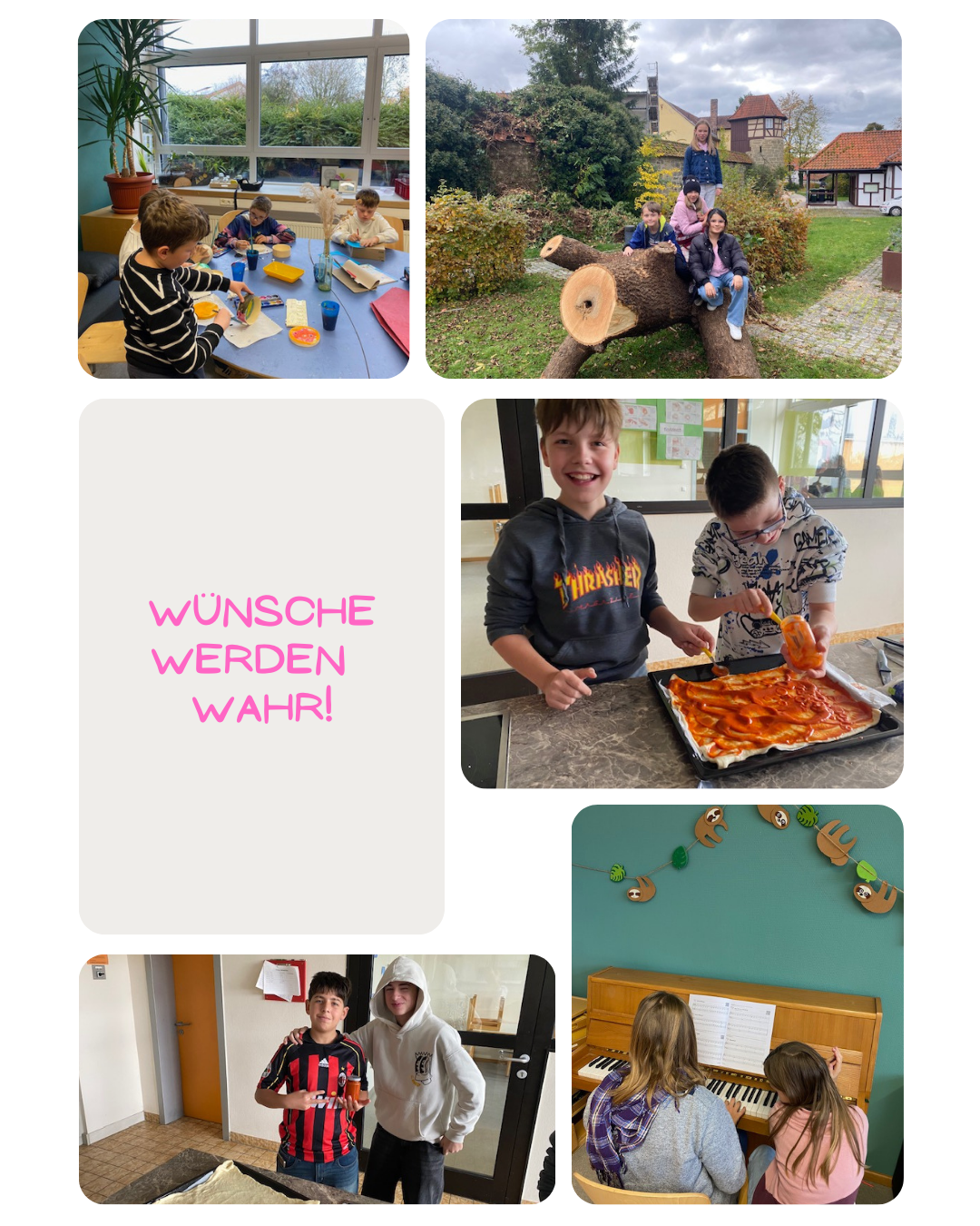 Kinder und Jugendliche der OGS belegen in einer Schulküche selbstgemachte Pizzen und bereiten sie zum Backen vor.
