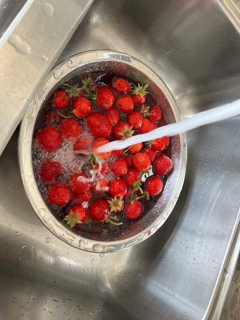 Erdbeeren in einer Schüssel werden unter fließendem Wasser gewaschen.